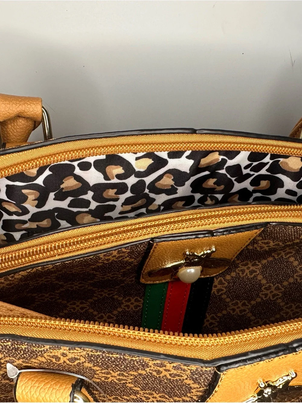 Women's Brown Bee-Accent Dome Satchel with Tricolor Stripe
